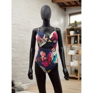 Kenneth Cole Floral Cut-Out One Piece Swimsuit L Twist Front Tropical Print